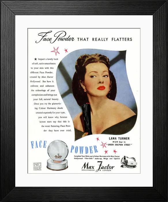 Framed Print : Advert for Max Factor face powder, Lana Turner Framed Print : Advert for Max Factor face powder, Lana Turner