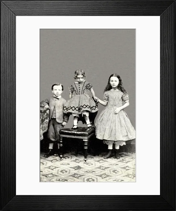 Framed Print : Studio portrait of three children on a carte de visite Framed Print : Studio portrait of three children on a carte de visite
