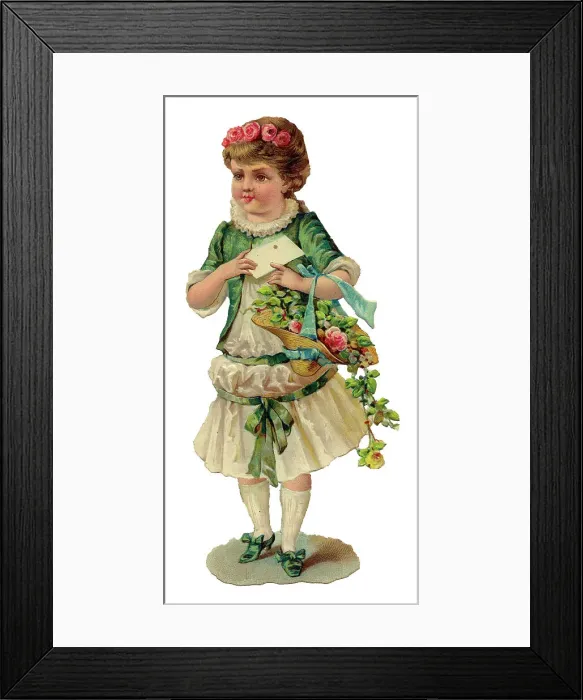 Framed Print : Victorian scrap, girl with letter and basket of flowers Framed Print : Victorian scrap, girl with letter and basket of flowers