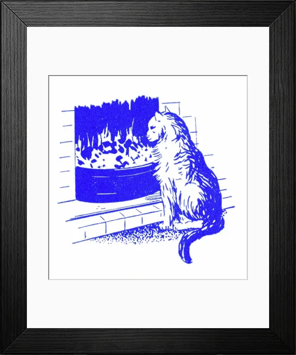 Framed Print : Cat by a fire - 1950s printer's block Framed Print : Cat by a fire - 1950s printer's block