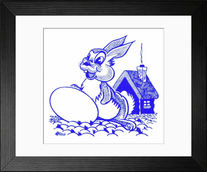 Framed Print : Cartoon style rabbit with egg - 1950s printer's block Framed Print : Cartoon style rabbit with egg - 1950s printer's block