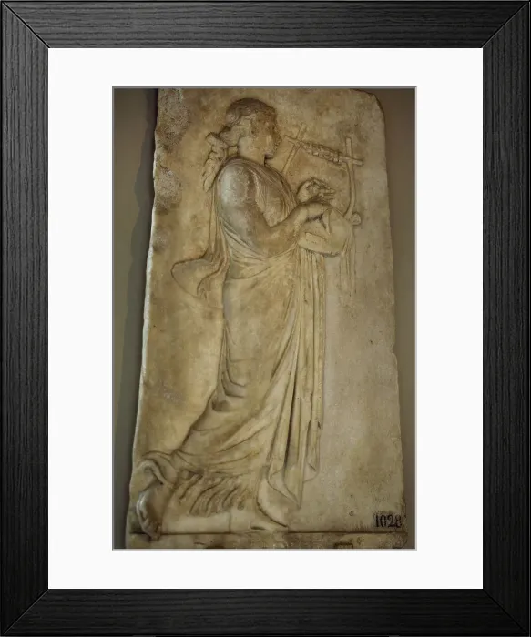 Framed Print : Hellenistic relief depicting a Muse playing the zither Framed Print : Hellenistic relief depicting a Muse playing the zither