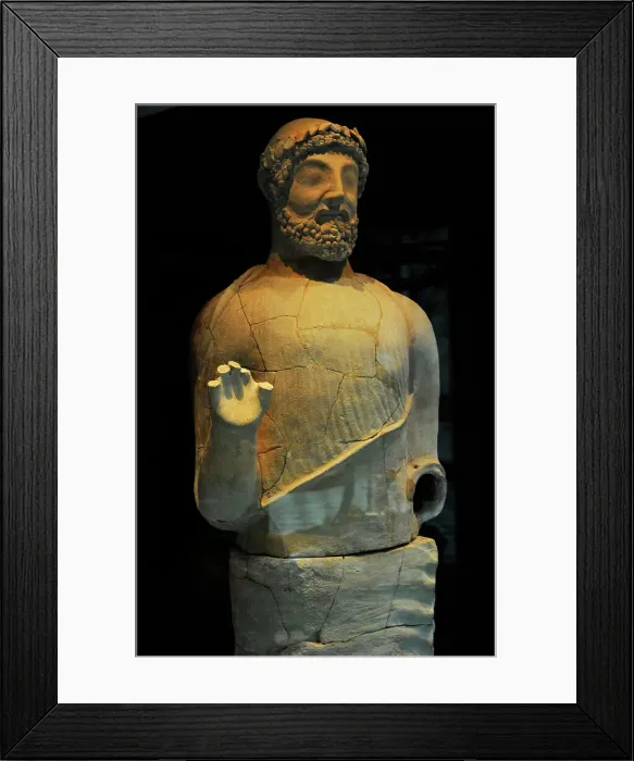 Framed Print : Male sculpture. 450 BC. From Mersinaki, Cyprus Framed Print : Male sculpture. 450 BC. From Mersinaki, Cyprus