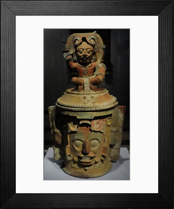 Framed Print : Funerary urn with depiction of the solar god Kinich Ahau Framed Print : Funerary urn with depiction of the solar god Kinich Ahau