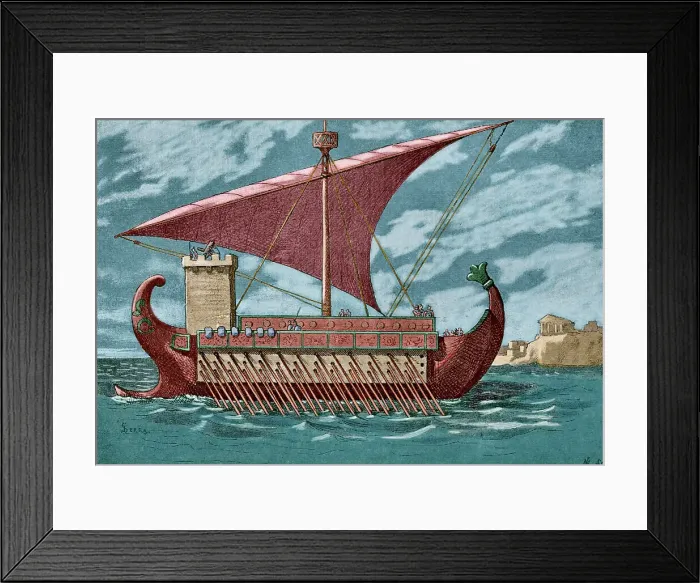 Framed Print : Roman trireme. Engraving. Later colouration Framed Print : Roman trireme. Engraving. Later colouration