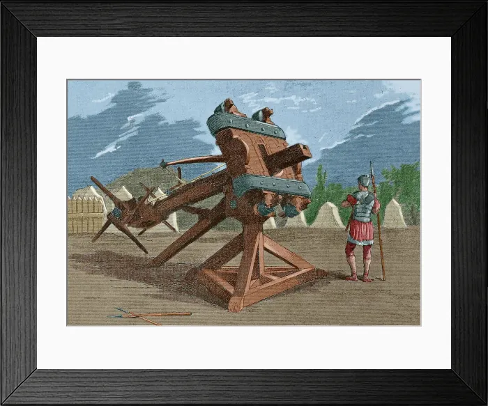 Framed Print : Ballista. Engraving. Museo Militar, 1883. Later colouration Framed Print : Ballista. Engraving. Museo Militar, 1883. Later colouration