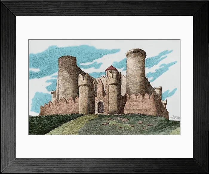 Framed Print : Spain. Castle of Belmonte. Engraving. Later colouration Framed Print : Spain. Castle of Belmonte. Engraving. Later colouration