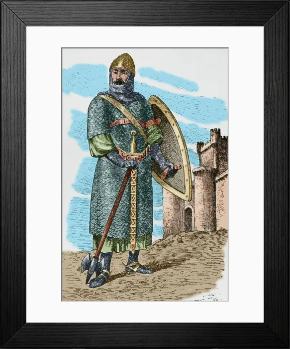 Framed Print : 11th century warrior. Engraving. Later colouration Framed Print : 11th century warrior. Engraving. Later colouration