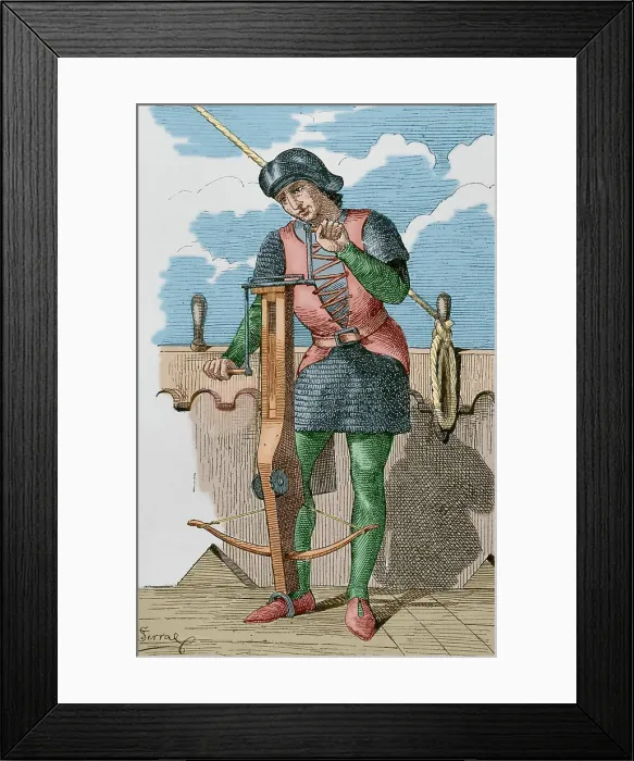 Framed Print : Crossbowman. Engraving by Serra (after a 14th century codex) Framed Print : Crossbowman. Engraving by Serra (after a 14th century codex)