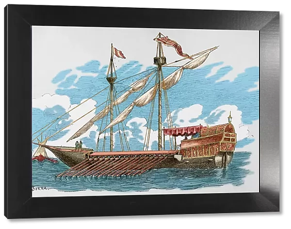 14th century galley. Engraving by Serra. Later colouration