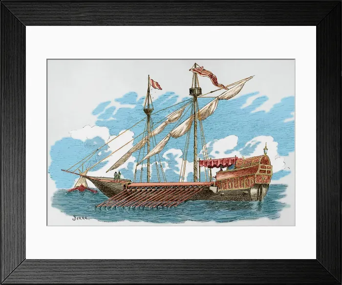 Framed Print : 14th century galley. Engraving by Serra. Later colouration
