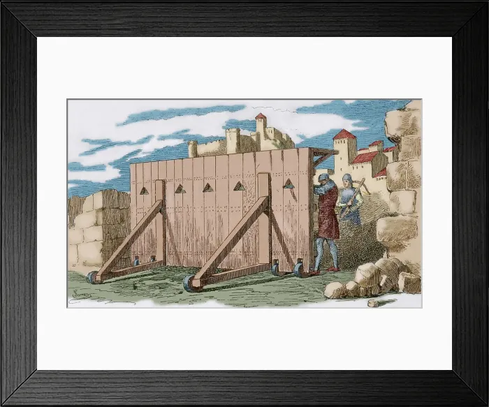 Framed Print : Middle Ages. Wood mantlet on wheels. Engraving by Serra Framed Print : Middle Ages. Wood mantlet on wheels. Engraving by Serra