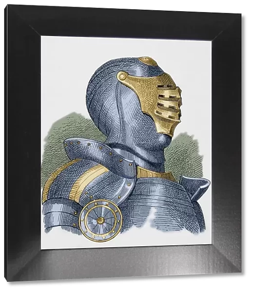 Medieval Knight's helmet with visor. Engraving