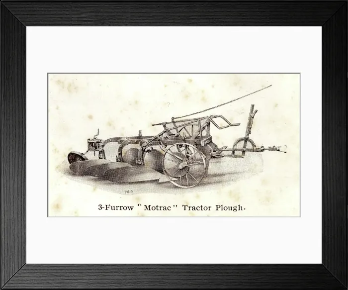 Framed Print : Three-furrow Motrac tractor plough by Ransomes of Ipswich Framed Print : Three-furrow Motrac tractor plough by Ransomes of Ipswich