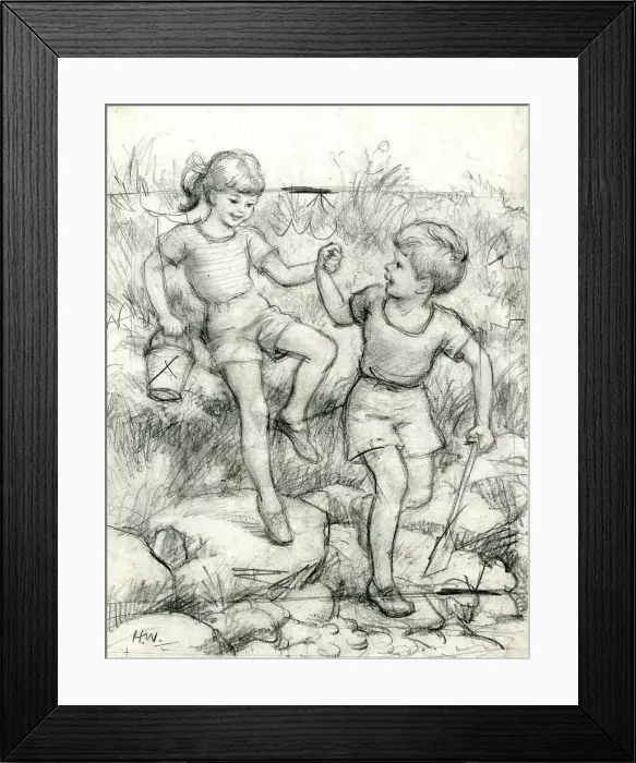 Framed Print : Children climbing down to the beach Framed Print : Children climbing down to the beach