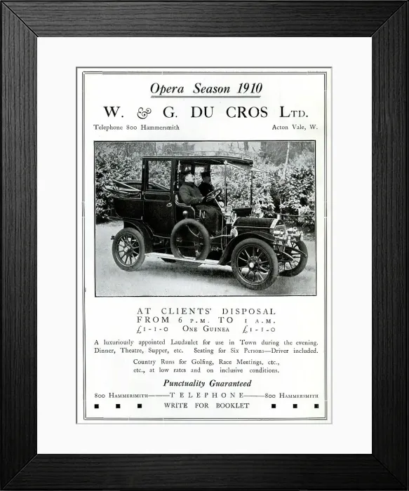 Framed Print : Advert, W & G Du Cros Ltd, luxury motor car hire Framed Print : Advert, W & G Du Cros Ltd, luxury motor car hire
