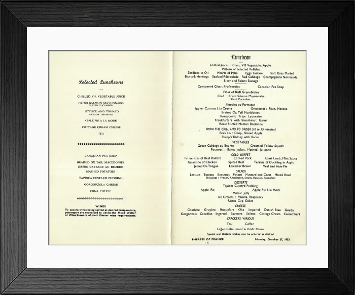 Framed Print : Menu for RMS Empress of France, Canadian Pacific line Framed Print : Menu for RMS Empress of France, Canadian Pacific line