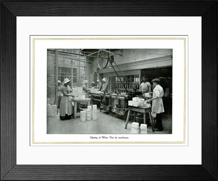 Framed Print : Glazing of white tiles by machinery, Alfred Meakin Framed Print : Glazing of white tiles by machinery, Alfred Meakin