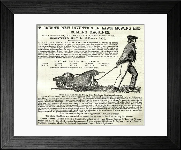 Framed Print : Advert, T Green's lawn mowing and rolling machines Framed Print : Advert, T Green's lawn mowing and rolling machines