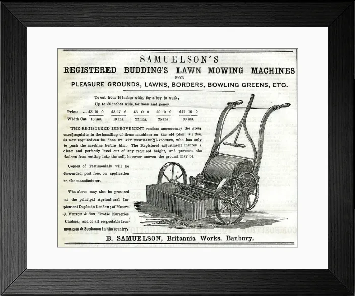 Framed Print : Advert, Samuelson's lawn mowing machines Framed Print : Advert, Samuelson's lawn mowing machines