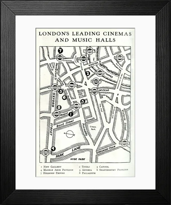 Framed Print : Map of London's Leading Cinemas and Music Halls Framed Print : Map of London's Leading Cinemas and Music Halls