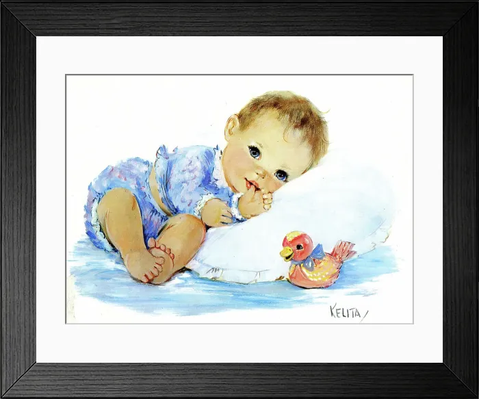Framed Print : Cute baby sucking its thumb, with toy duck Framed Print : Cute baby sucking its thumb, with toy duck