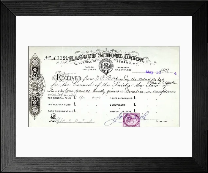 Framed Print : Receipt, Ragged School Union, London Framed Print : Receipt, Ragged School Union, London