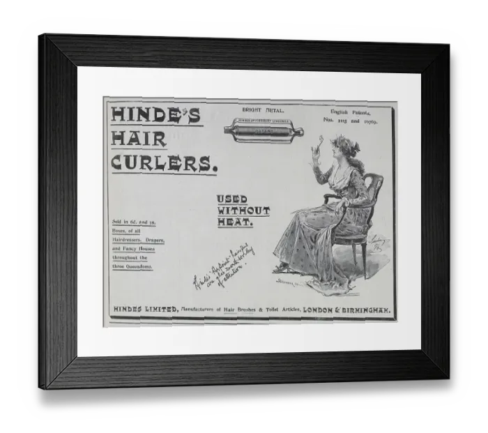 Framed Print : Advertisement for Hinde's Hair Curlers, London, Birmingham Framed Print : Advertisement for Hinde's Hair Curlers, London, Birmingham