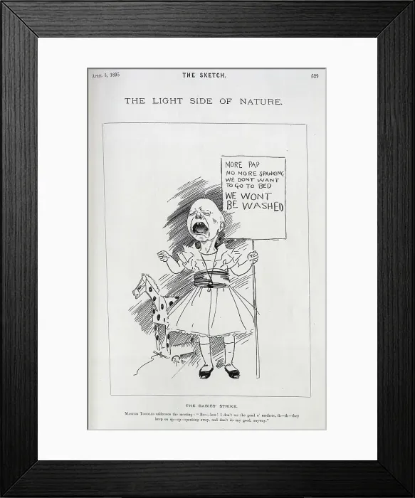 Framed Print : Caricature of crying baby holding a placard, by Phil May Framed Print : Caricature of crying baby holding a placard, by Phil May