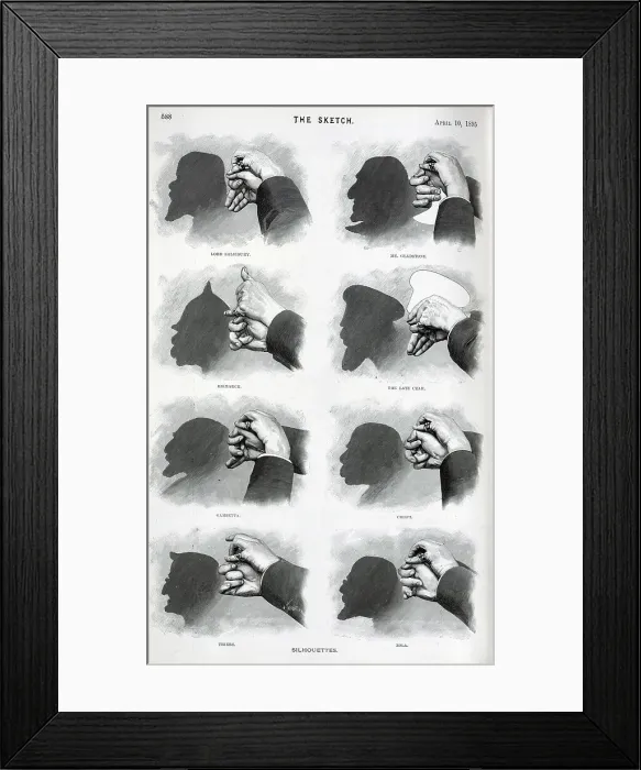 Framed Print : Hand shadows, showing famous figures in silhouette Framed Print : Hand shadows, showing famous figures in silhouette