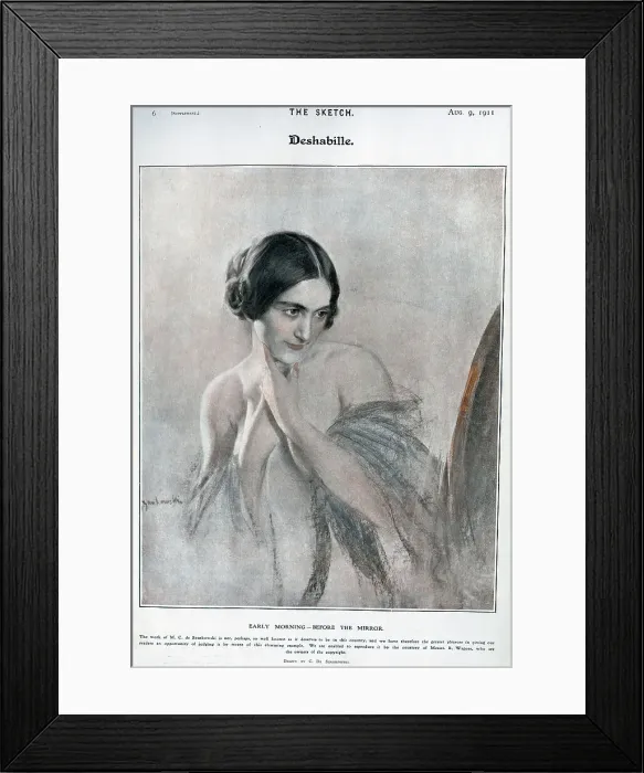 Framed Print : Deshabille, illustration of woman in front of mirror Framed Print : Deshabille, illustration of woman in front of mirror