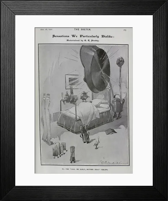 Framed Print : Caricature illustration of bedroom scene, by G E Studdy Framed Print : Caricature illustration of bedroom scene, by G E Studdy
