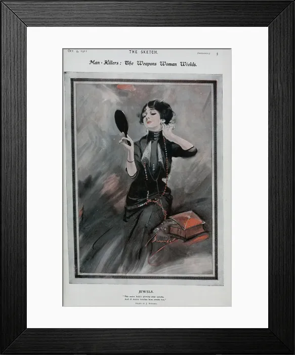 Framed Print : Colour illustration of woman with red, long beads, earrings Framed Print : Colour illustration of woman with red, long beads, earrings