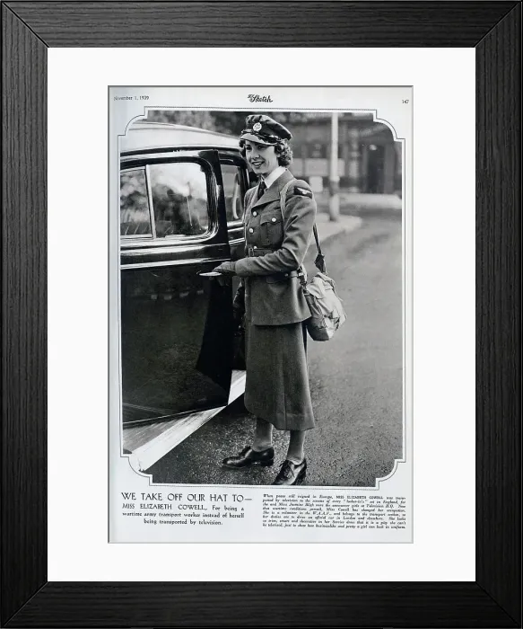 Framed Print : Elizabeth Cowell, by official car, in army uniform and hat Framed Print : Elizabeth Cowell, by official car, in army uniform and hat