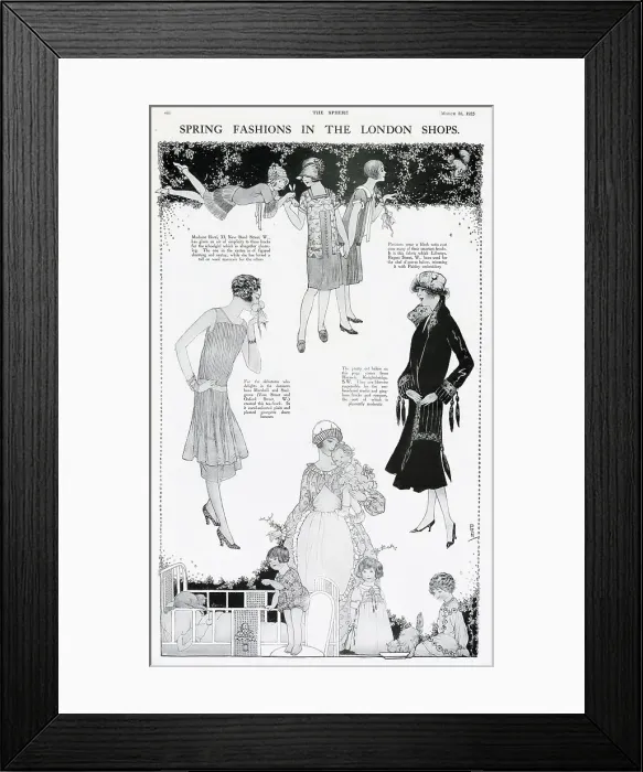 Framed Print : The spring fashion for 1925 women and girls. School girl was simplified. The one in the centre is of figured shantung and santoy, while she has levied a toll on wool marocain for the others. A Parisian black satin coat is worn on a the other woman Framed Print : The spring fashion for 1925 women and girls. School girl was simplified. The one in the centre is of figured shantung and santoy, while she has levied a toll on wool marocain for the others. A Parisian black satin coat is worn on a the other woman