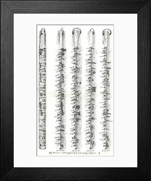 Framed Print : Block of wood with carved notches and symbols Framed Print : Block of wood with carved notches and symbols