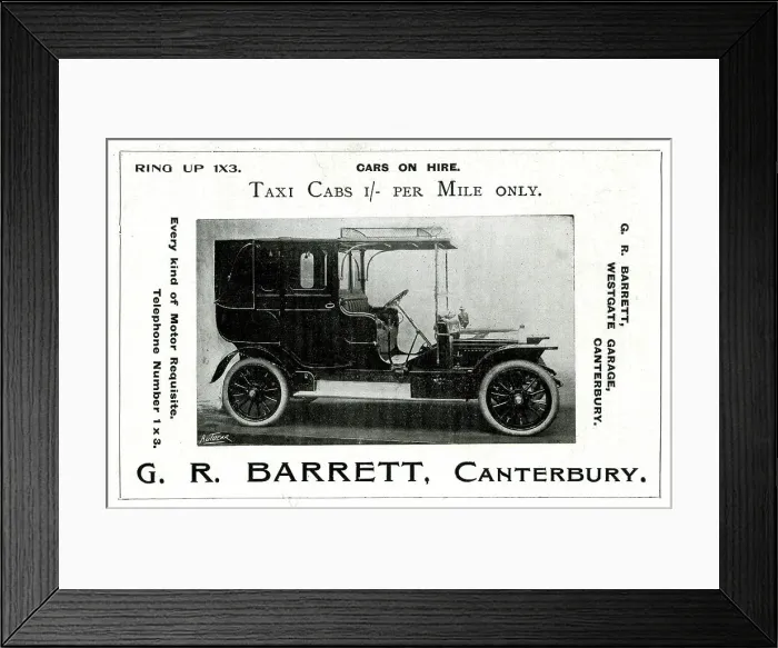 Framed Print : Advert, G R Barrett, taxi cabs, Canterbury, Kent Framed Print : Advert, G R Barrett, taxi cabs, Canterbury, Kent