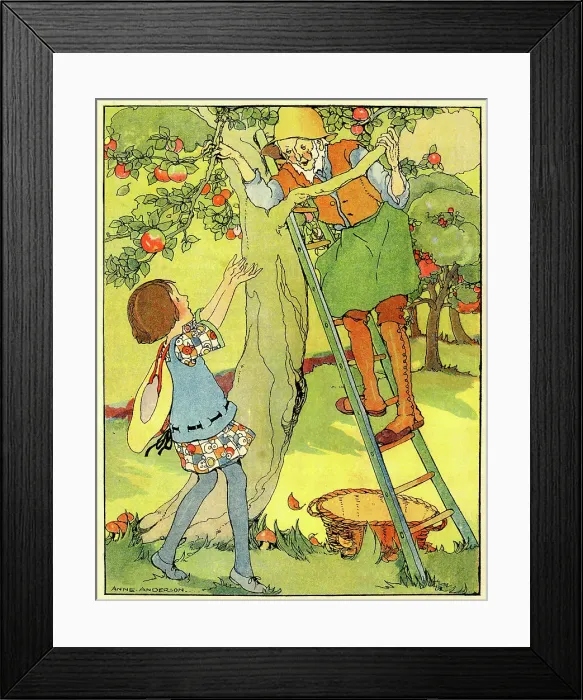 Framed Print : Girl and Farmer picking Apples Framed Print : Girl and Farmer picking Apples