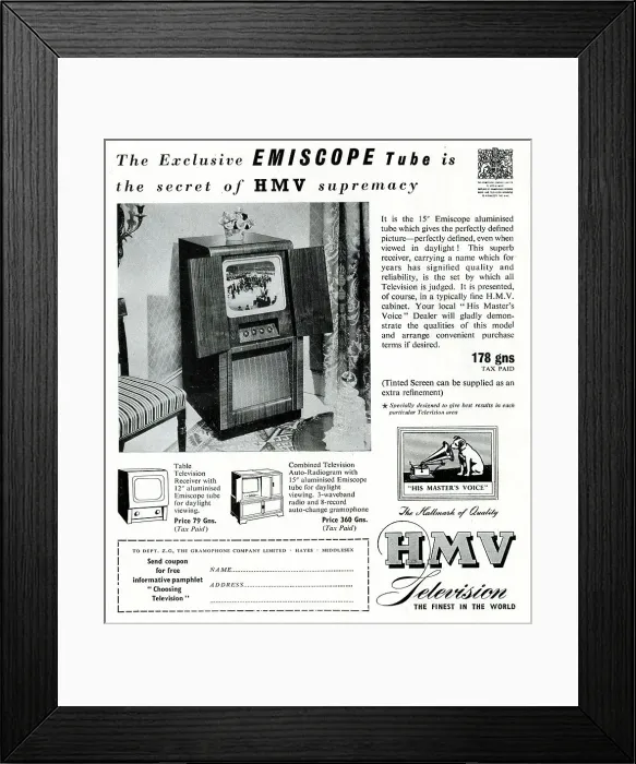 Framed Print : Advert, HMV television with Emiscope tube Framed Print : Advert, HMV television with Emiscope tube