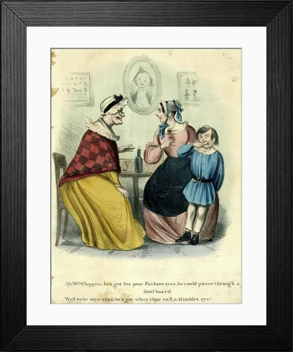 Framed Print : Georgian cartoon, two women and a boy Framed Print : Georgian cartoon, two women and a boy