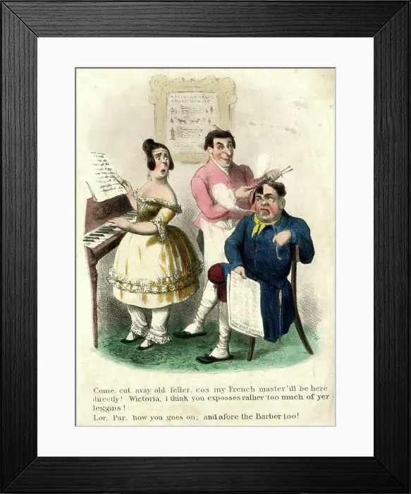 Framed Print : Georgian cartoon, man, daughter and barber Framed Print : Georgian cartoon, man, daughter and barber