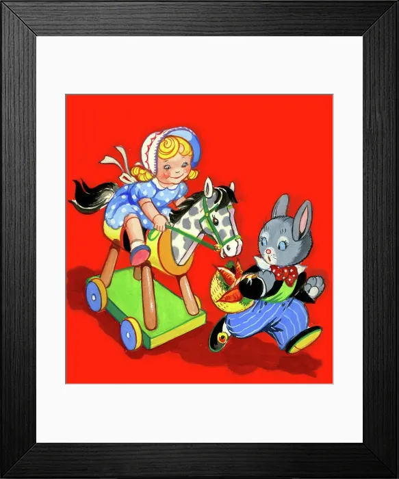 Framed Print : Doll riding a toy horse, chasing Mr Rabbit Framed Print : Doll riding a toy horse, chasing Mr Rabbit