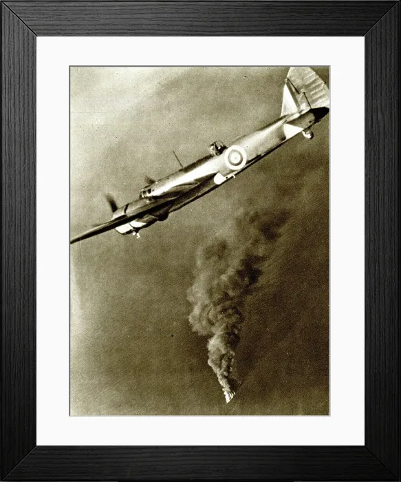 Framed Print : RAF bomber with German tanker on fire below, WW2 Framed Print : RAF bomber with German tanker on fire below, WW2