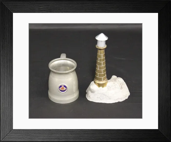 Framed Print : RMS Mauretania souvenirs, tankard and lighthouse Framed Print : RMS Mauretania souvenirs, tankard and lighthouse