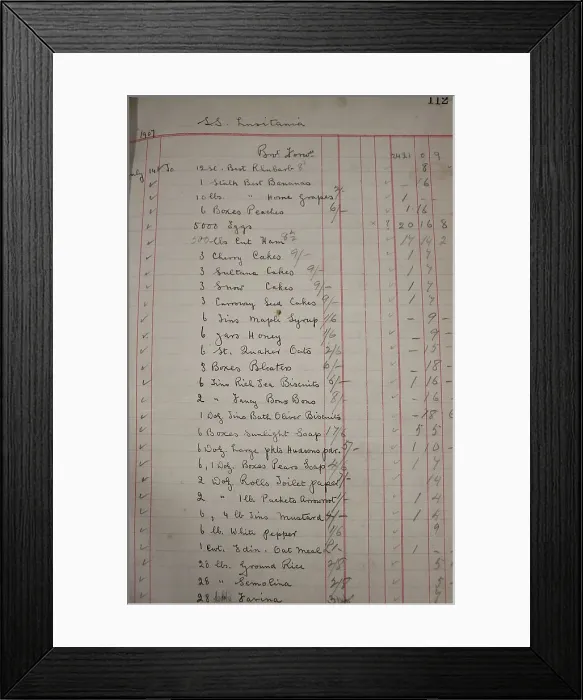 Framed Print : RMS Lusitania - ledger listing supplies prior to sailing Framed Print : RMS Lusitania - ledger listing supplies prior to sailing