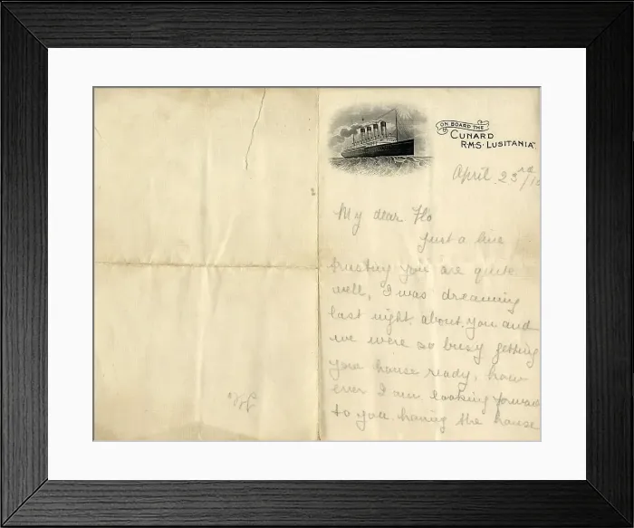 Framed Print : RMS Lusitania - handwritten letter on printed stationery Framed Print : RMS Lusitania - handwritten letter on printed stationery