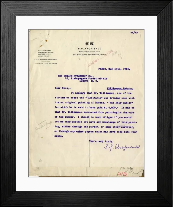 Framed Print : RMS Lusitania - Archibald correspondence Framed Print : RMS Lusitania - Archibald correspondence