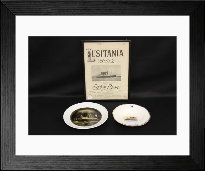 Framed Print : RMS Lusitania - musical score, plate and bowl Framed Print : RMS Lusitania - musical score, plate and bowl