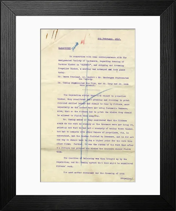 Framed Print : RMS Olympic - document regarding blades Framed Print : RMS Olympic - document regarding blades