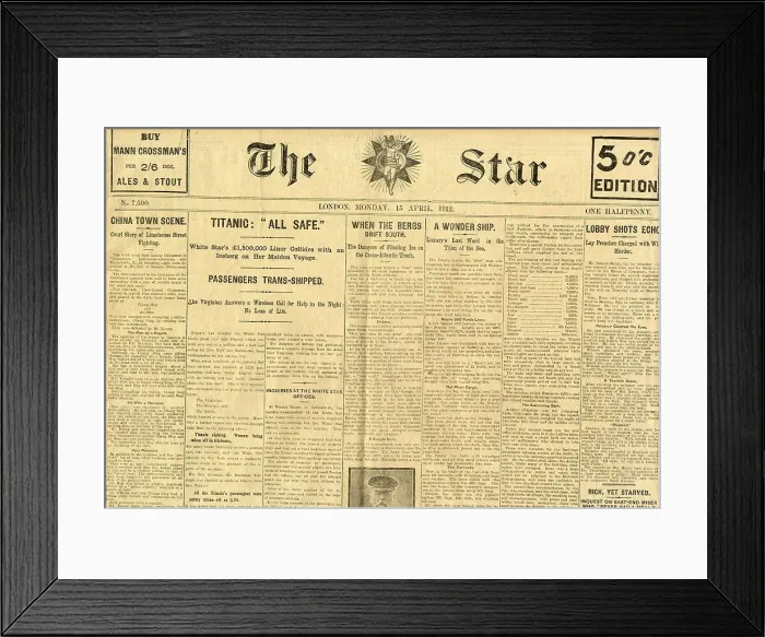 Framed Print : RMS Titanic - The Star newspaper Framed Print : RMS Titanic - The Star newspaper